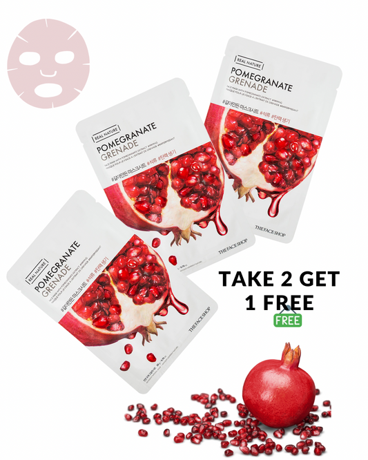 اشتري اثنان واحصل على واحد REAL NATURE POMEGRANATE FACE MASK – THE FACE SHOP (ماسك الوجه بخلاصة الرمان – ريل نيتشر من ذا فيس شوب)
