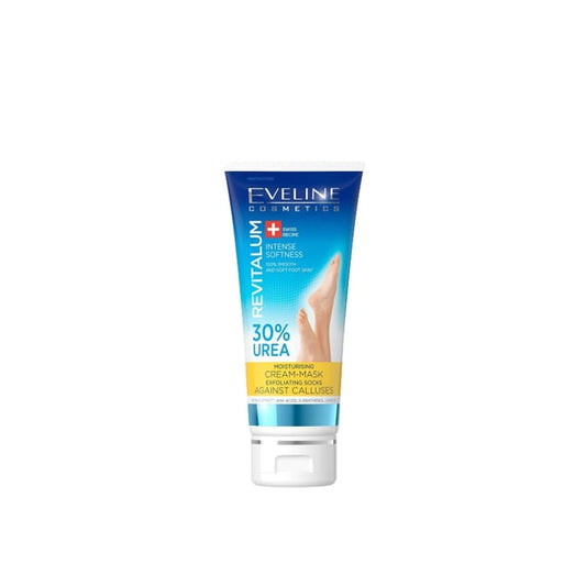 كريم وقناع للقدمين 2 في 1 يقشر الجلد، ويترك القدمين ناعمة وسلسة Eveline Cosmetics Revitalum 30% Urea Complex Moisturizing Cream-Mask Exfoliating Socks