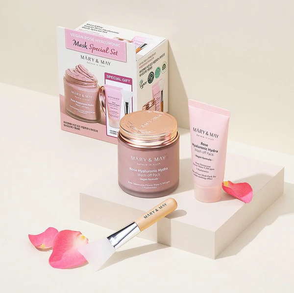 ماسك ماري آند مي المرطب بالورد والهيالورونيك + 30 ml + فرشاة ماسك – MARY & MAY Rose Hyaluronic Hydra Wash-Off Pack
