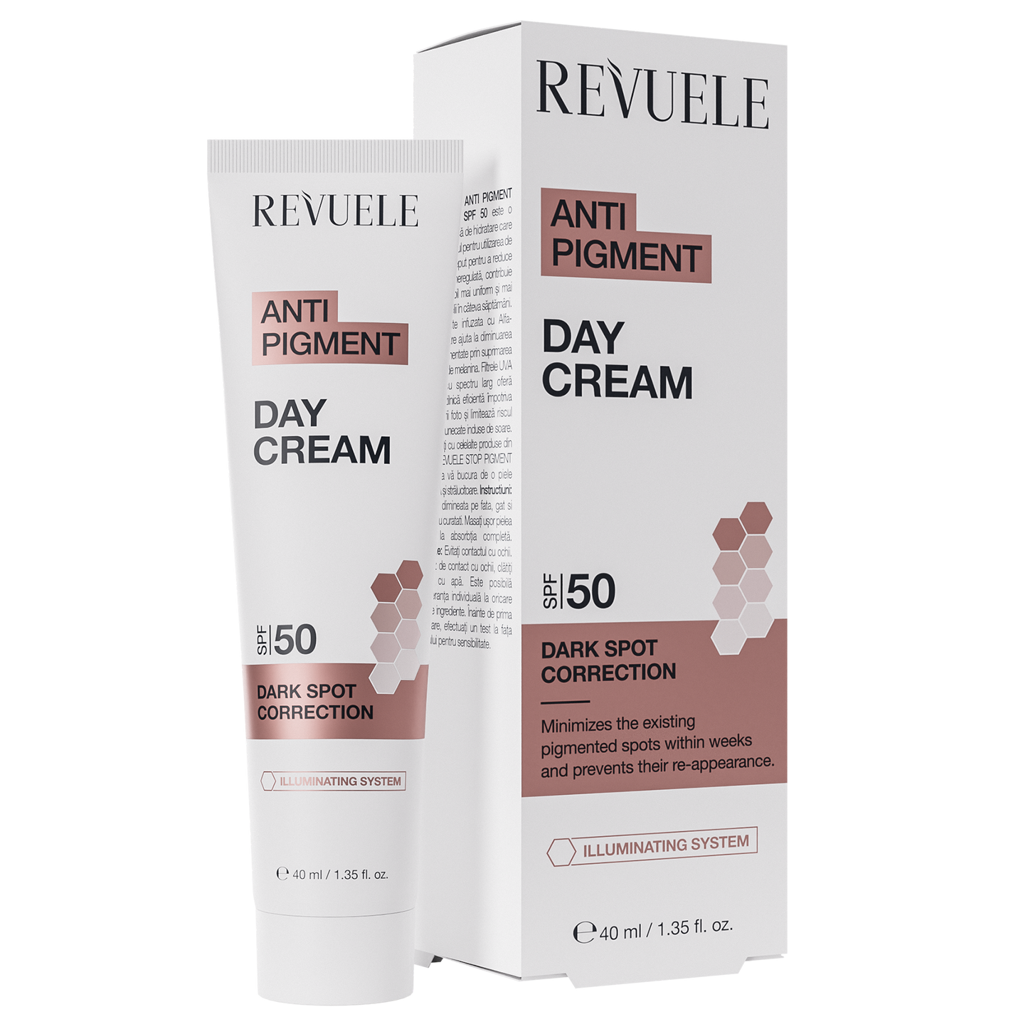 REVUELE Anti Pigment Day Cream SPF 50 — 40 مل كريم يومي لتفتيح البشرة ومكافحة التصبّغات، مع حماية شاملة من الشمس