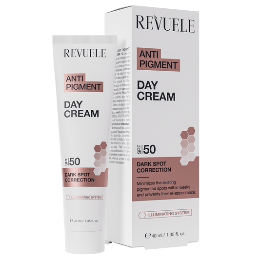 REVUELE Anti Pigment Day Cream SPF 50 — 40 مل كريم يومي لتفتيح البشرة ومكافحة التصبّغات، مع حماية شاملة من الشمس