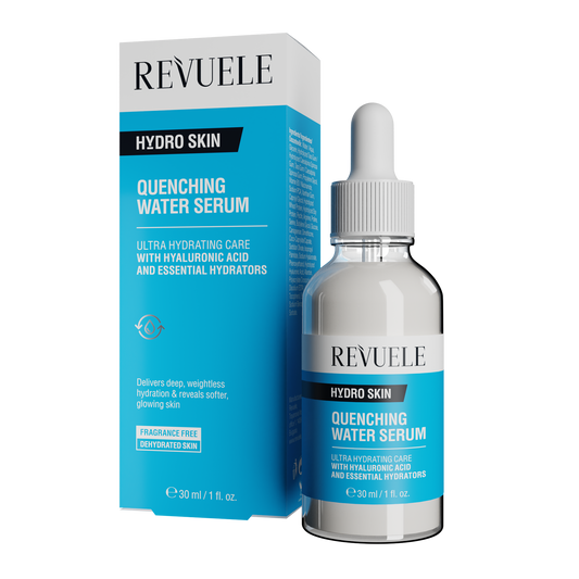REVUELE Quenching Water Serum — 30 مل سيروم بتركيبة مائية شفافة، يقدّم ترطيبًا فوريًا وعميقًا لتجديد نعومة وصحة البشرة