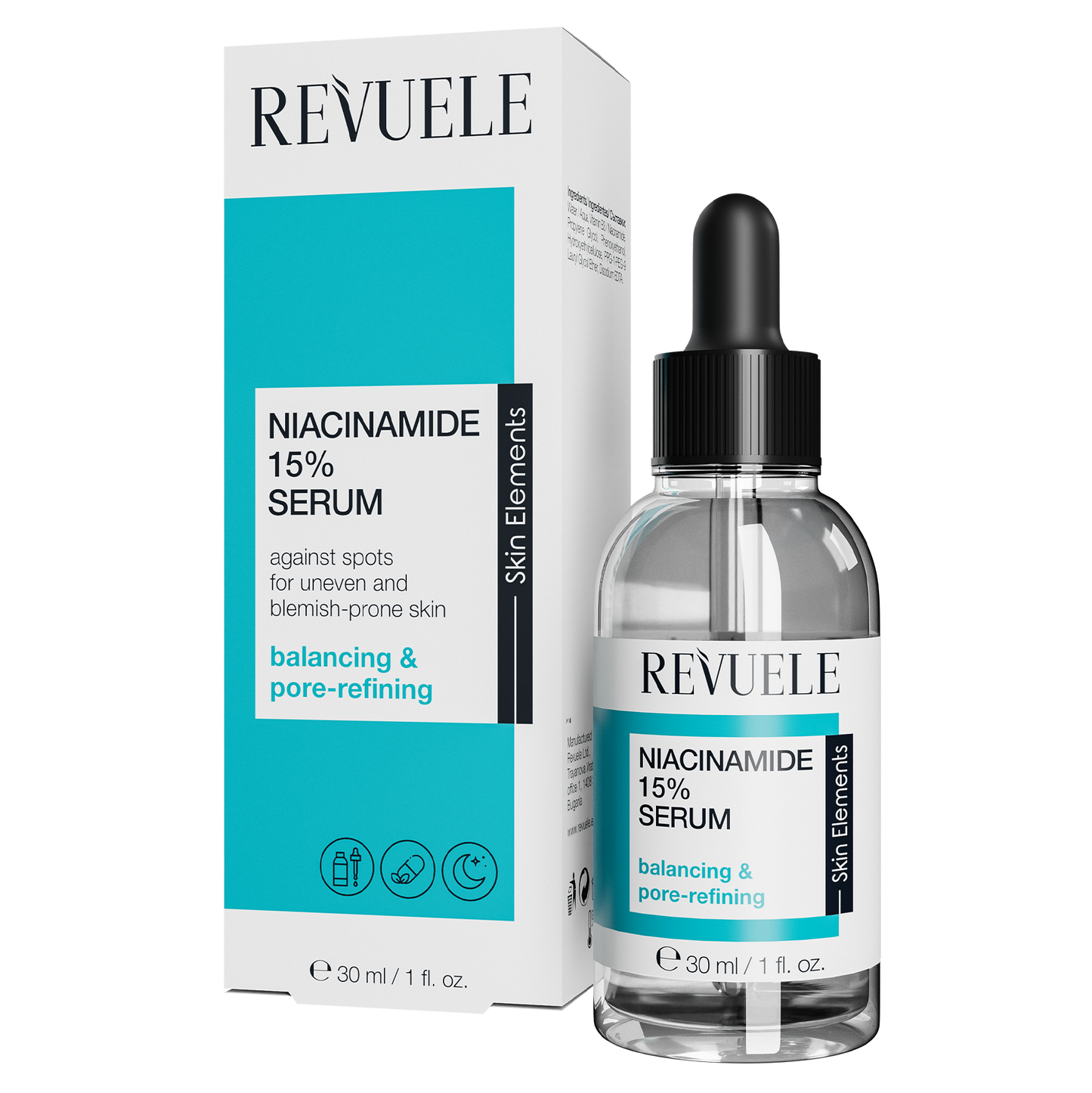 REVUELE Niacinamide 15% Serum — 30 مل سيروم تركيز عالٍ من النياسيناميد 15% لتنقية البشرة، تقليص المسام، وتقليل الإفرازات الدهنية