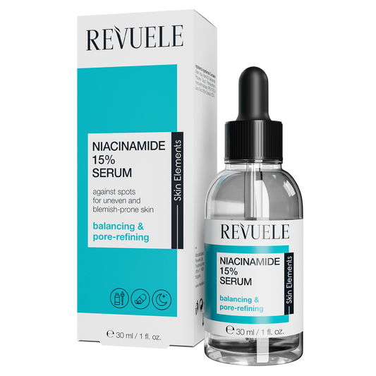 REVUELE Niacinamide 15% Serum — 30 مل سيروم تركيز عالٍ من النياسيناميد 15% لتنقية البشرة، تقليص المسام، وتقليل الإفرازات الدهنية