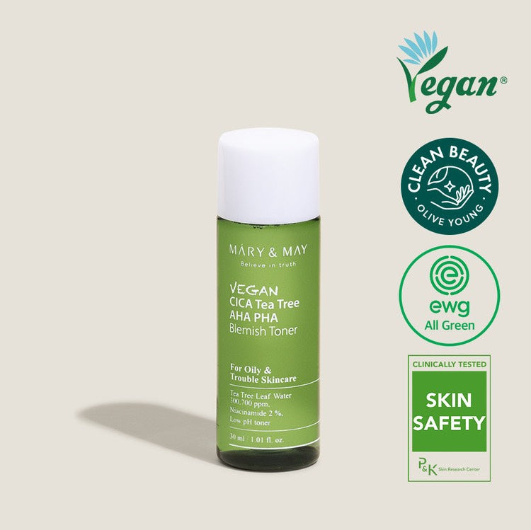 [Mary&May] (Mini) تونر مقشر لطيف Vegan CICA Tea Tree AHA PHA Blemish Toner 30ml