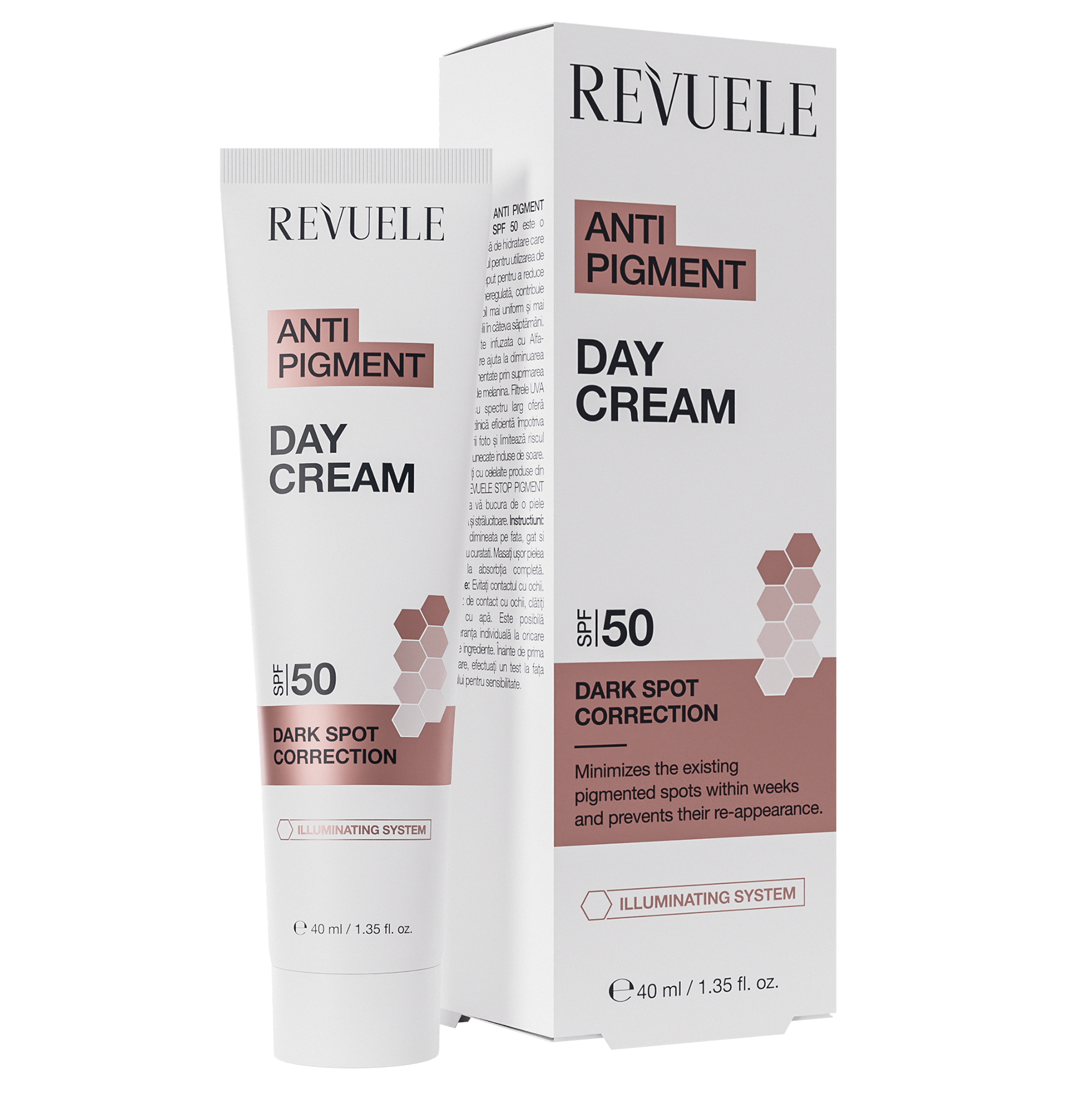 REVUELE Anti Pigment Day Cream SPF 50 — 40 مل كريم يومي لتفتيح البشرة ومكافحة التصبّغات، مع حماية شاملة من الشمس