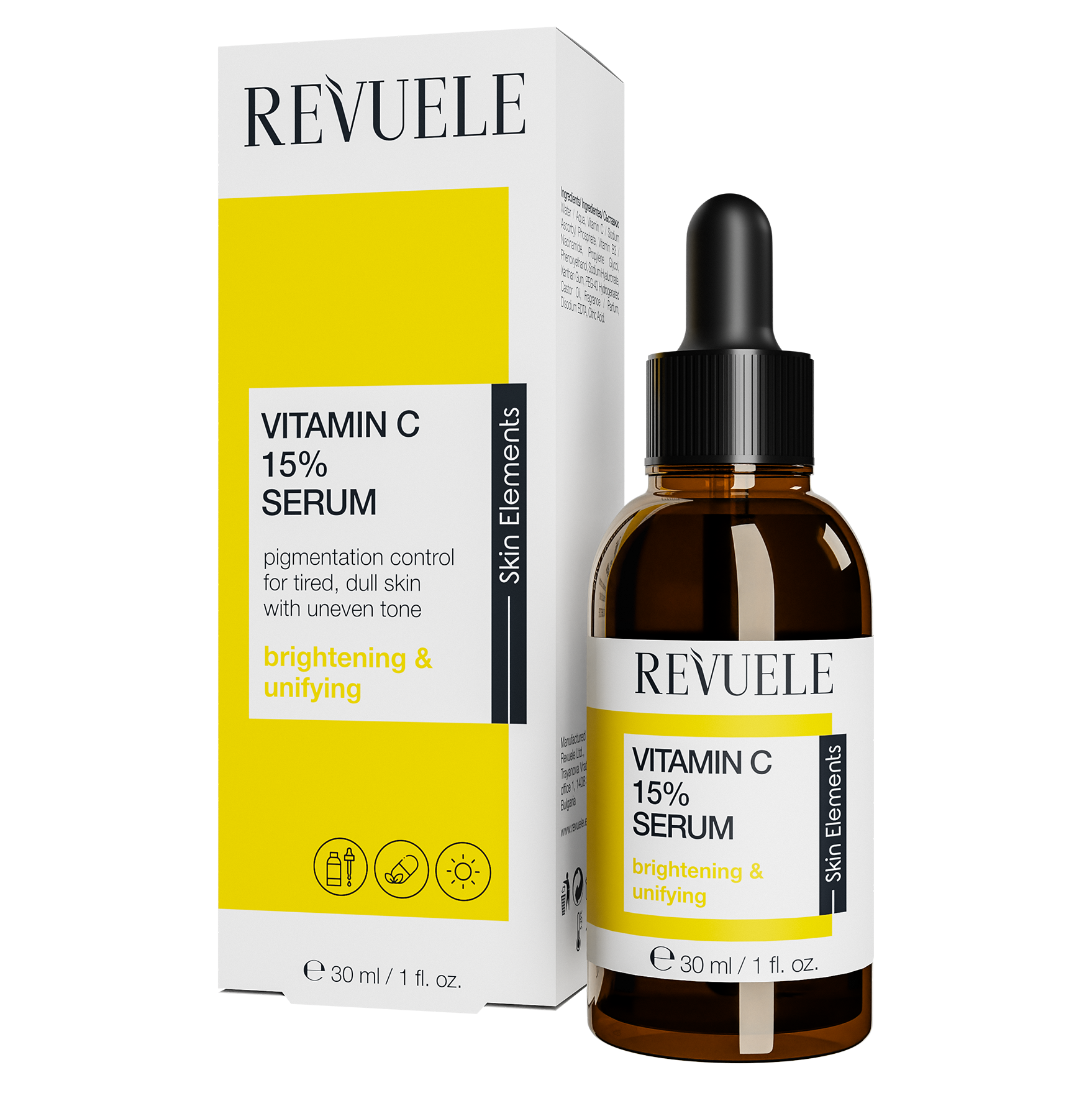 REVUELE Vitamin C 15% Serum — 30 مل سيروم تركيز عالٍ من فيتامين C لتفتيح البشرة، تصحيح التصبغات، وتحسين مرونة الجلد