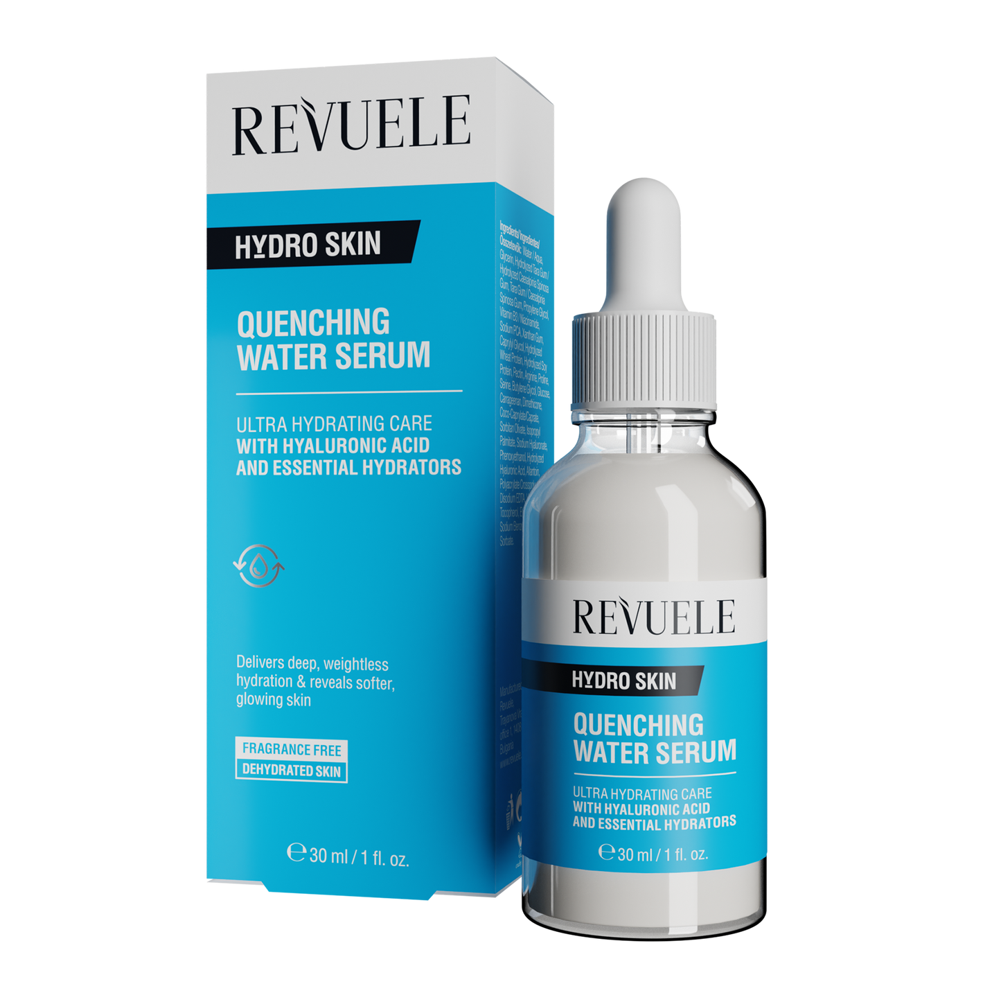 REVUELE Quenching Water Serum — 30 مل سيروم بتركيبة مائية شفافة، يقدّم ترطيبًا فوريًا وعميقًا لتجديد نعومة وصحة البشرة