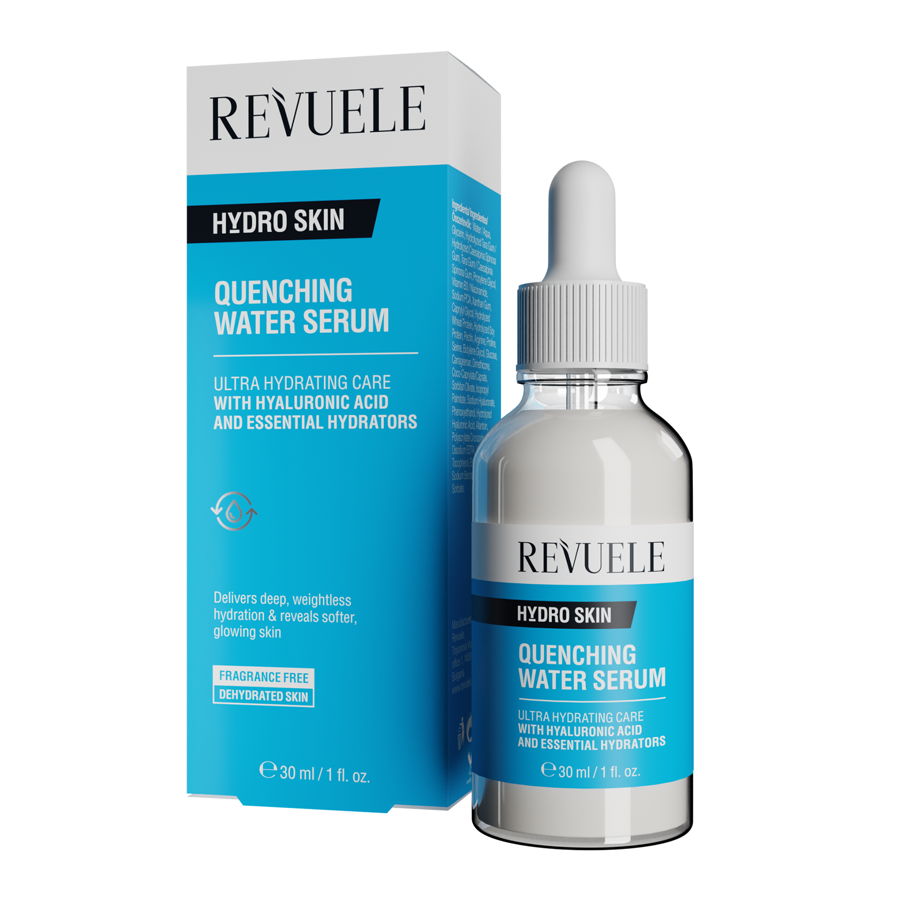 REVUELE Quenching Water Serum — 30 مل سيروم بتركيبة مائية شفافة، يقدّم ترطيبًا فوريًا وعميقًا لتجديد نعومة وصحة البشرة
