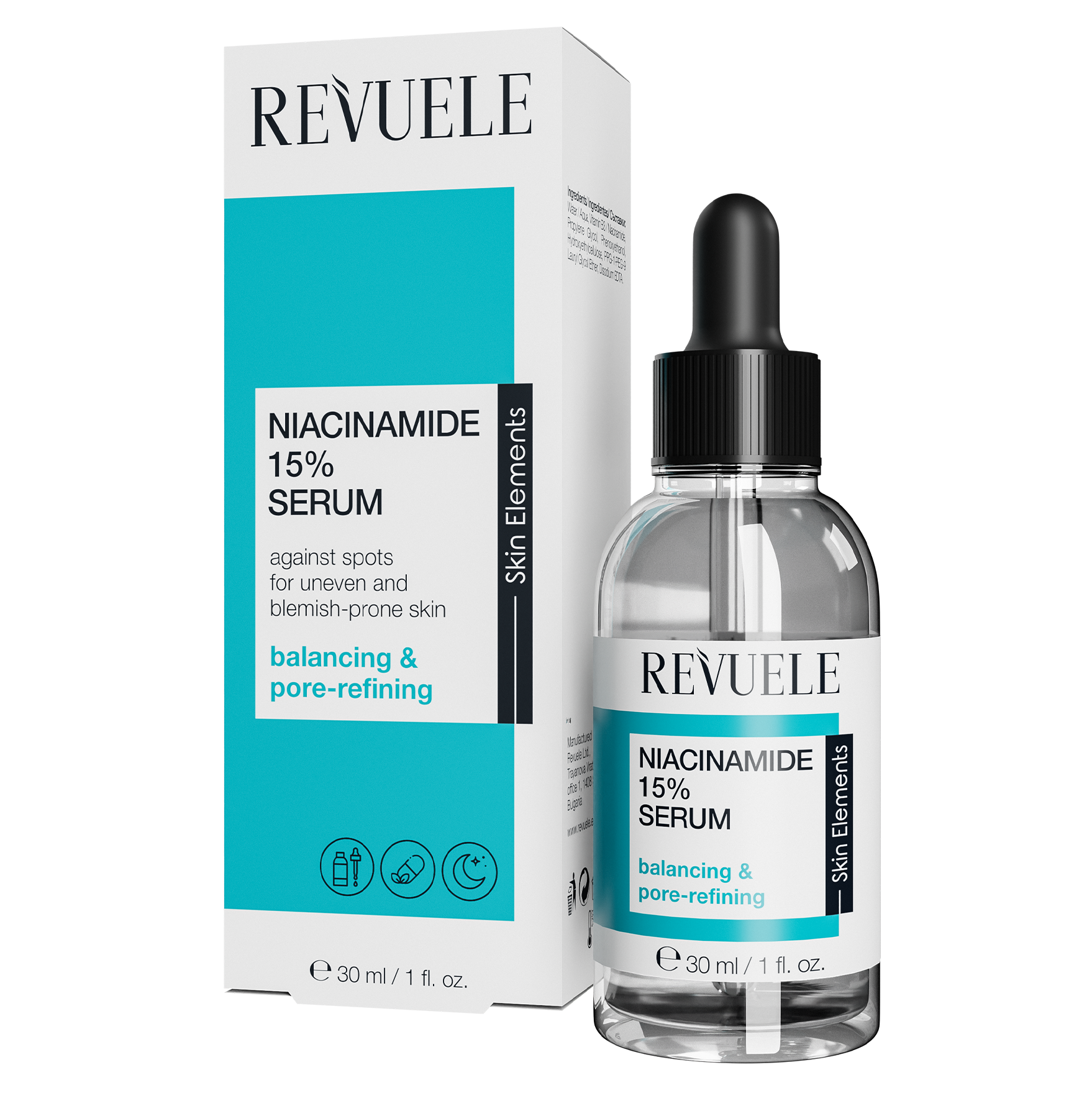 REVUELE Niacinamide 15% Serum — 30 مل سيروم تركيز عالٍ من النياسيناميد 15% لتنقية البشرة، تقليص المسام، وتقليل الإفرازات الدهنية